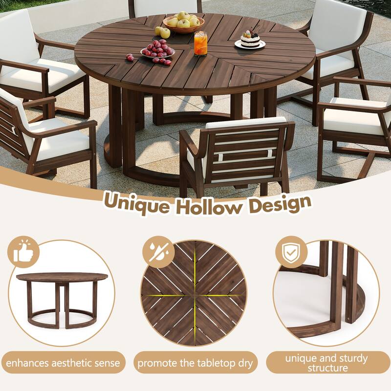 Round Patio Dining Table Set for 6 with Umbrella Hole Durable Acacia Wood Outdoor Furniture