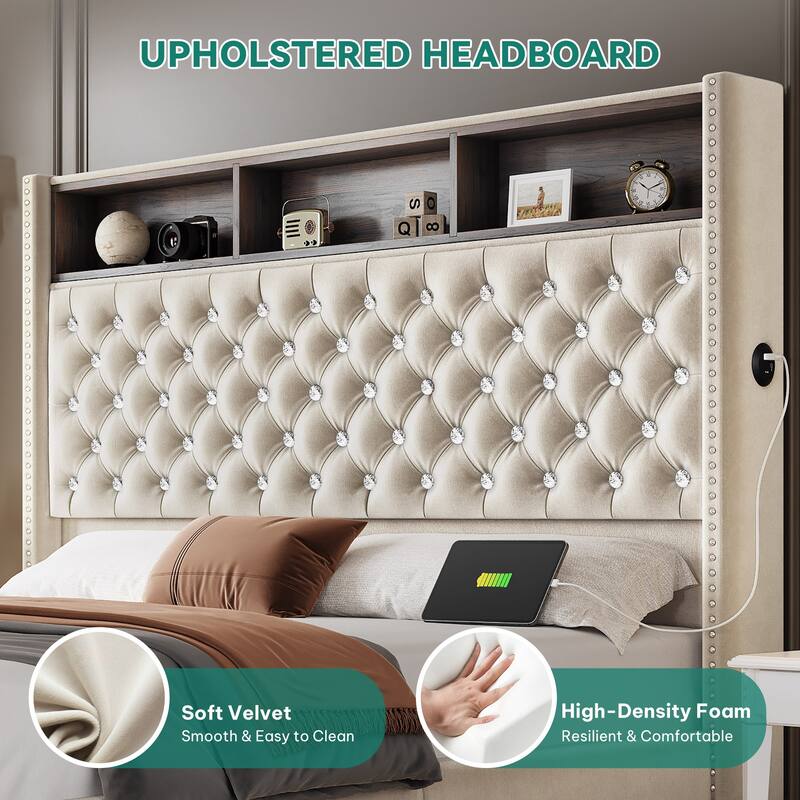 Moasis King Size Velvet Upholstered Bed Frame with Storage Headboard with USB Charging Stations