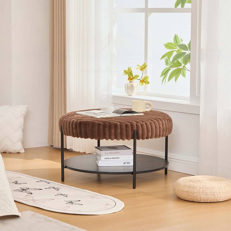 Upholstered Round Coffee Table with Black Metal Legs - Brown+Black