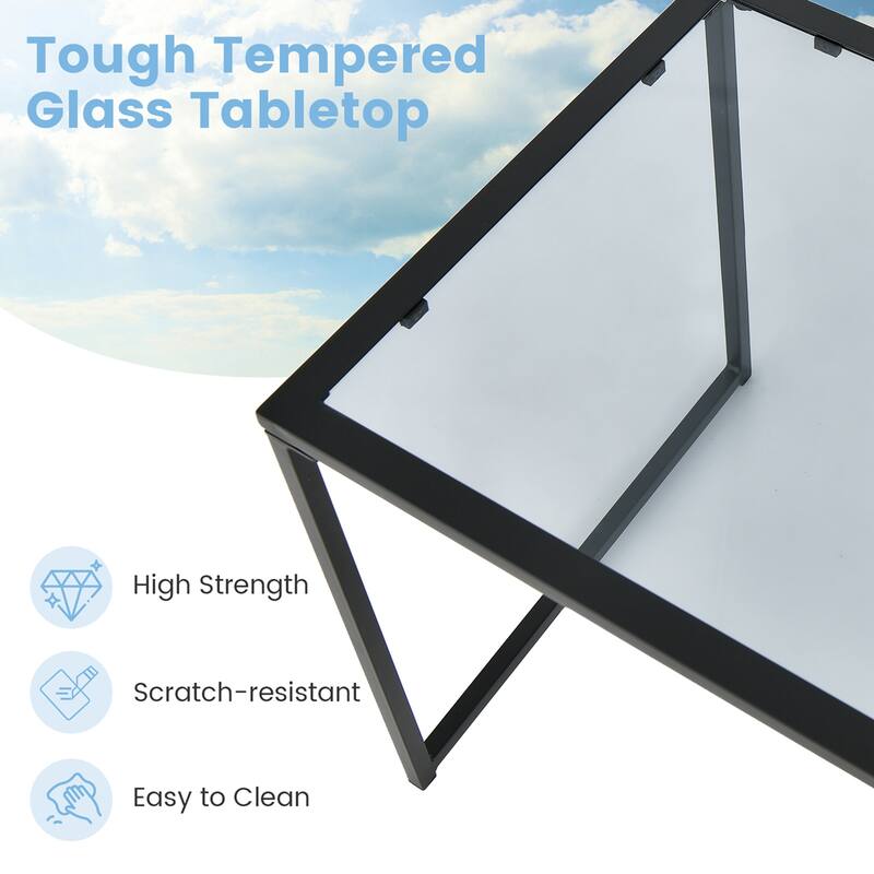 17" Outdoor Garden Patio Side Table Tempered Glass End Coffee Table