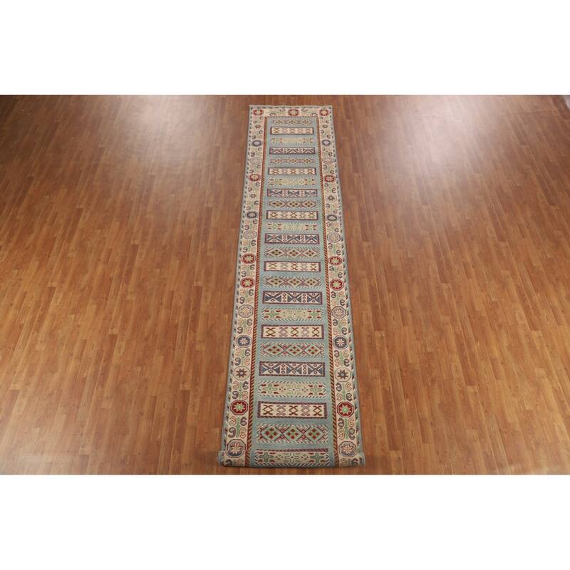 Light Blue Kazak Runner Rug Hand-Knotted Geometric Wool Carpet - 3'4" x 16'0"