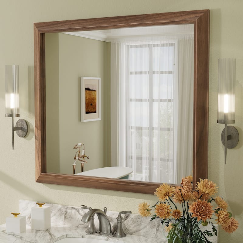 Beveled Metal Rectangle Framed Bathroom Vanity Tempered Glass Mirrors - 40" x 36" - Dark Brown