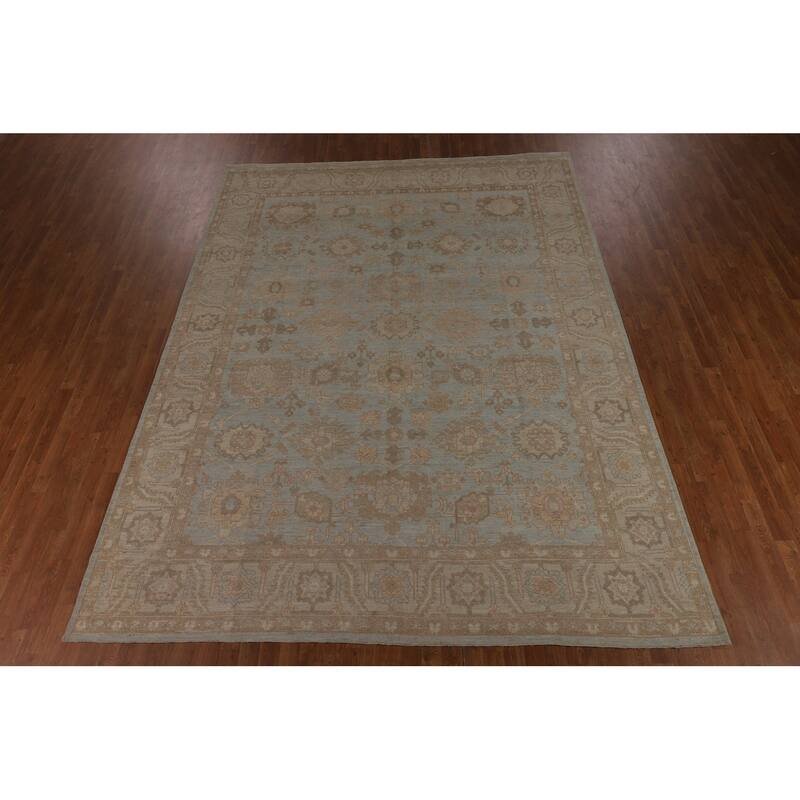 Vegetable Dye Oushak Turkish Rug Hand-Knotted Blue Wool Carpet - 8'11"x 11'8"