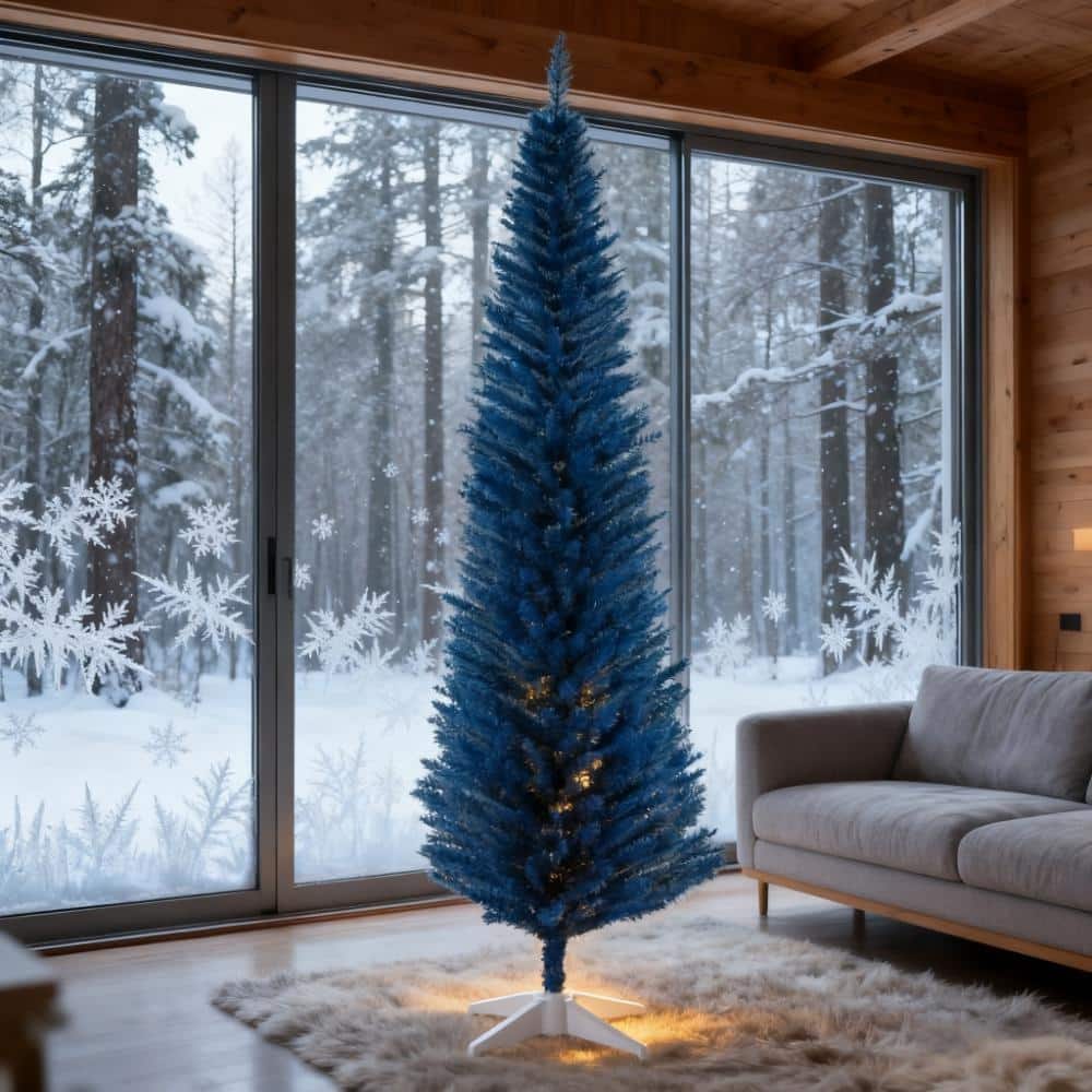 Decorated Pencil Christmas Tree - Realistic Branch Tips, Plastic Stand - Blue
