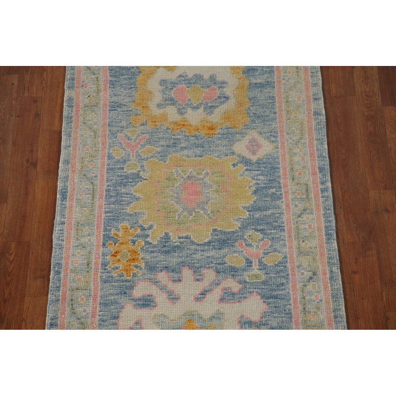 Vegetable Dye Blue Oushak Turkish Runner Rug Handmade Wool Carpet - 2'10"x 12'11"