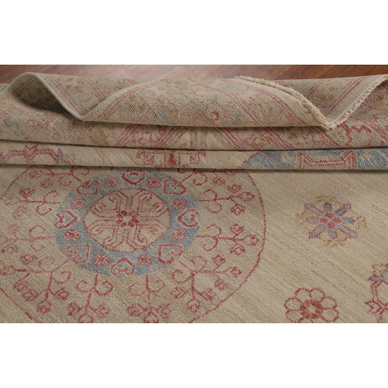 Hand Knotted Oriental 100% Wool Carpet Transitional All-Over Beige & Ivories Oushak Area Rug - 9' 9'' X 8' 1''