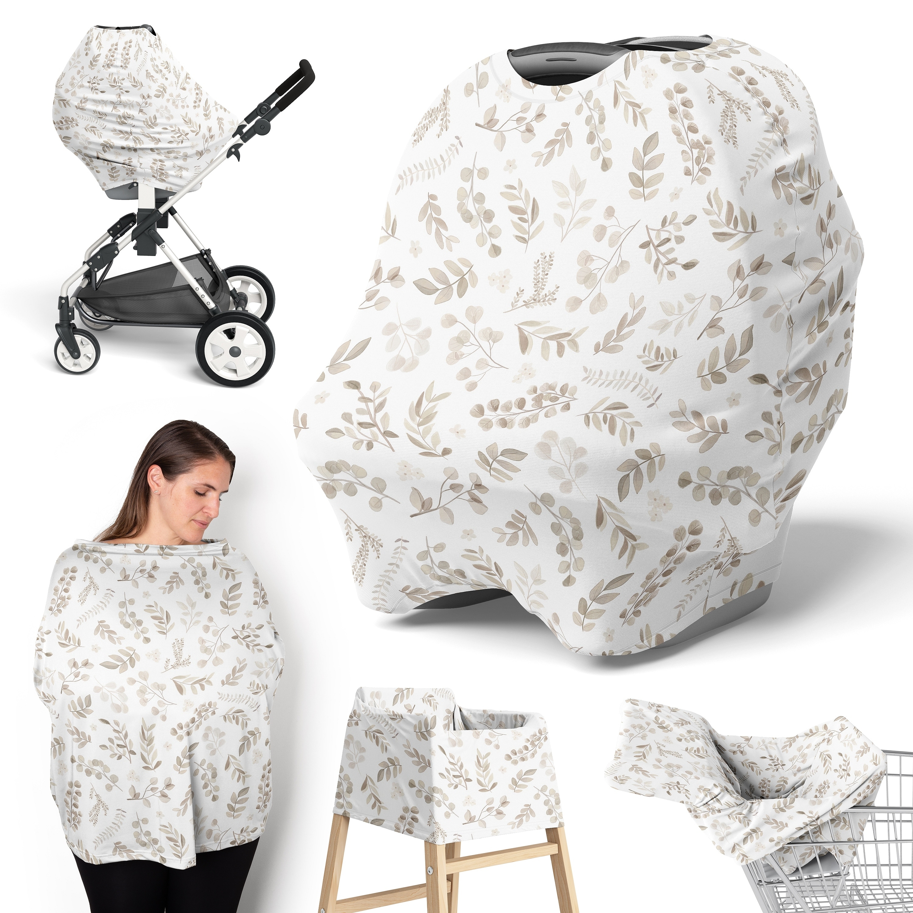 Sweet Jojo Designs Floral Leaf Boy Girl Baby Car Seat Nursing Cover Taupe Gender Neutral Boho Bohemian Watercolor Botanical