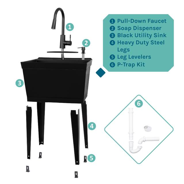 TEHILA Utility Sink Laundry Tub with Black High Arc Faucet and Soap Dispenser