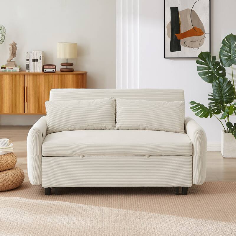 Convertible Sofa Bed Pull-out Sofa Couch 2 Seat Loveseat Sofa Modern Sleeper Sofa with 2 Throw Pillows and USB Ports
