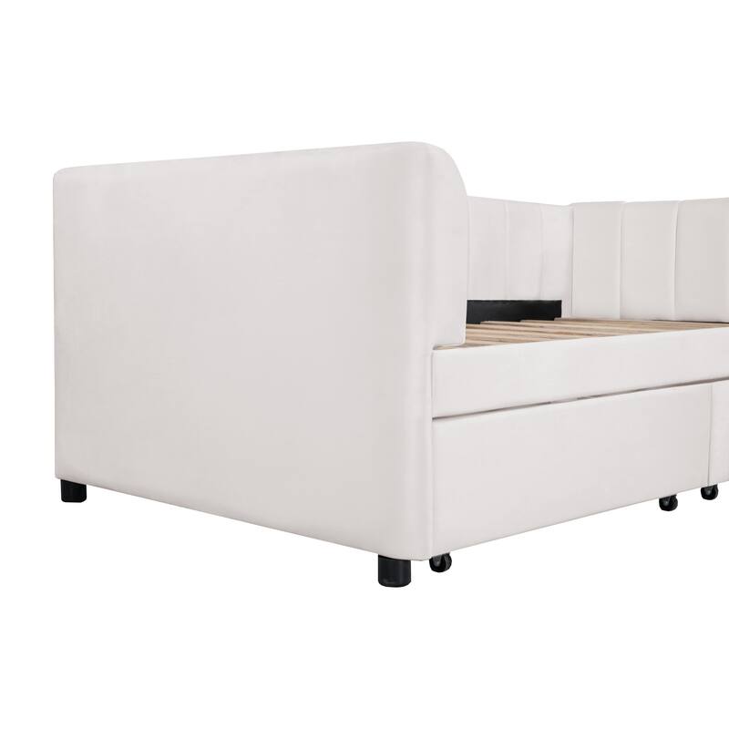 Twin Upholstered Daybed with 2 Drawers for Storage, Ergonomic Backrest, and Stripe Headboard, Perfect for Small Spaces