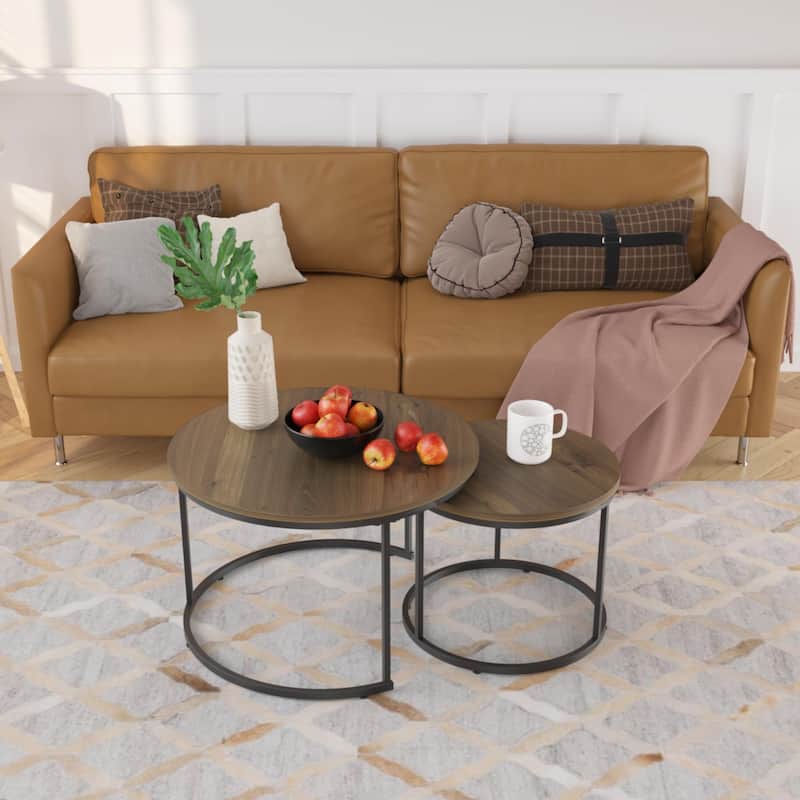 Modern Nesting Coffee Table Round Coffee Table Side Table, 2-Piece Set with Base, for Living Room, Brown