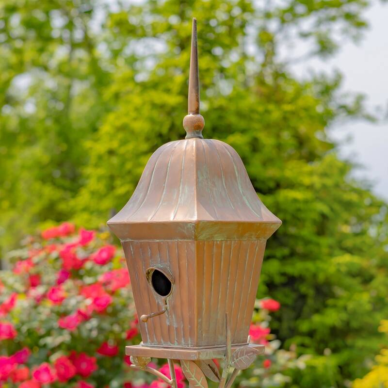 65.5" Tall Iron Birdhouse Stake "Riga" - 8.75" L x 7.75" W x 65.5" H