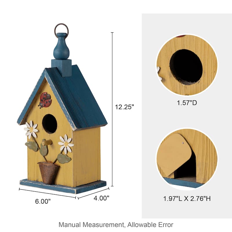 Glitzhome 12.25"H Washed Yellow Distressed Solid Wood Cottage Garden Birdhouse with Bees and Flowers