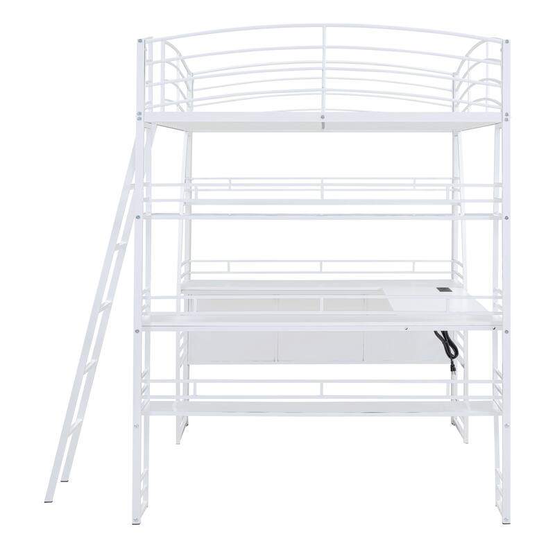 Metal Loft Bed with Shelves, L-Shaped Desk, Sockets, USB Ports, Wireless Charging