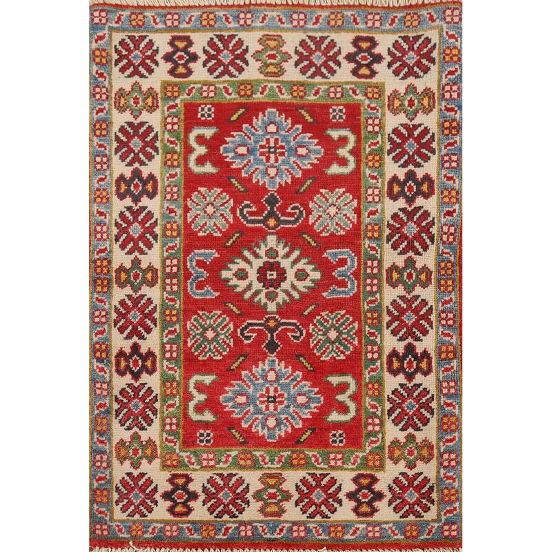 Hand Knotted Oriental 100% Wool Carpet Traditional Geometric Red Kazak Area Rug - 3' 0'' X 2' 1''