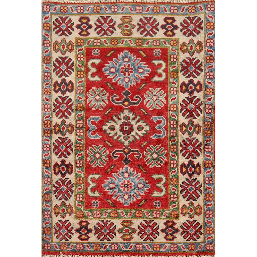 Hand Knotted Oriental 100% Wool Carpet Traditional Geometric Red Kazak Area Rug - 3' 0'' X 2' 1''