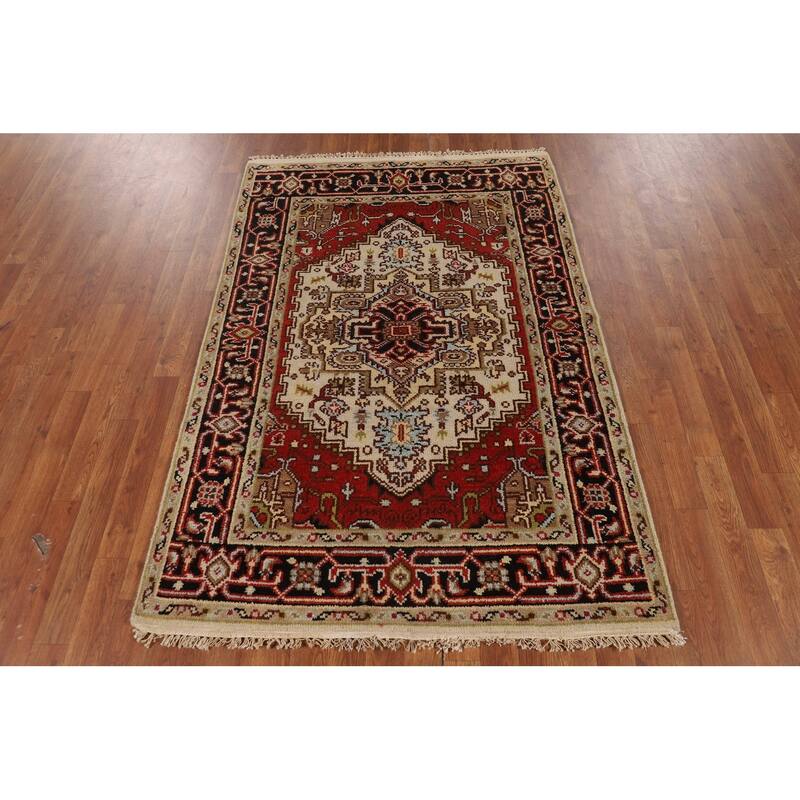 Ivory Geometric Heriz Serapi Indian Rug Hand-Knotted Wool Carpet - 3'11" X 5'10"