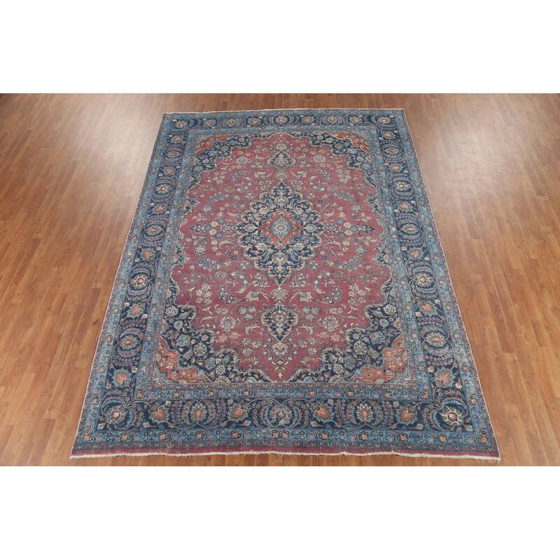 Distressed Traditional Mashad Persian Antiqu Rug Handmade Wool Carpet - 8'4"x 11'5"