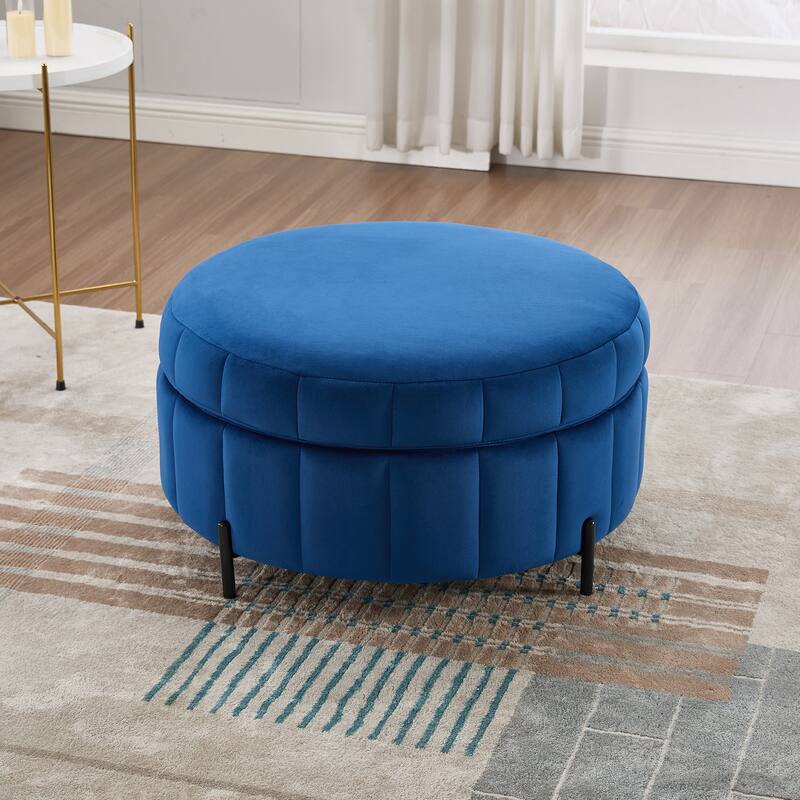 Round Ottoman with Storage, Channel Tufted Pumpkin-Shape Channel Footstool, Upholstered Footrest Stool with Reversible Lid - Navy