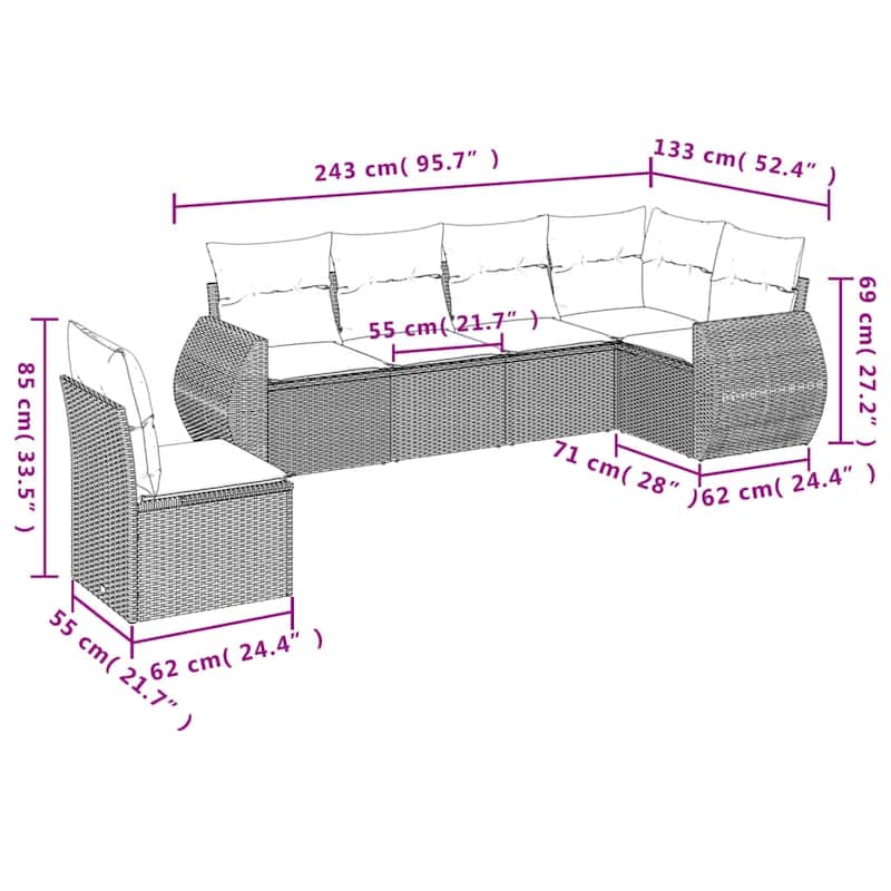 vidaXL Patio Sofa Set with Cushions Outdoor Conversation Furniture Poly Rattan - 24.4 x 24.4 x 27.2