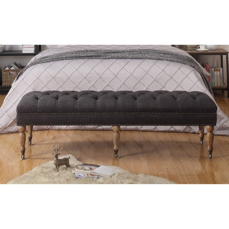 Rosevera Yedda Nailhead Tufted Upholstered Bench with Wheels - Small - Charcoal