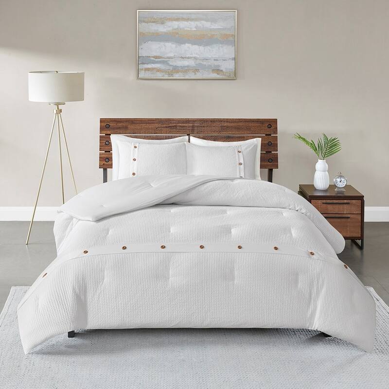 GDF Studio - Finely 3-Piece Cotton Waffle Weave Comforter Set with Wood Button Accents - White