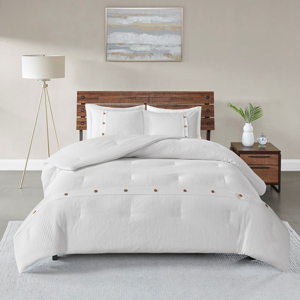 GDF Studio - Finely 3-Piece Cotton Waffle Weave Comforter Set with Wood Button Accents