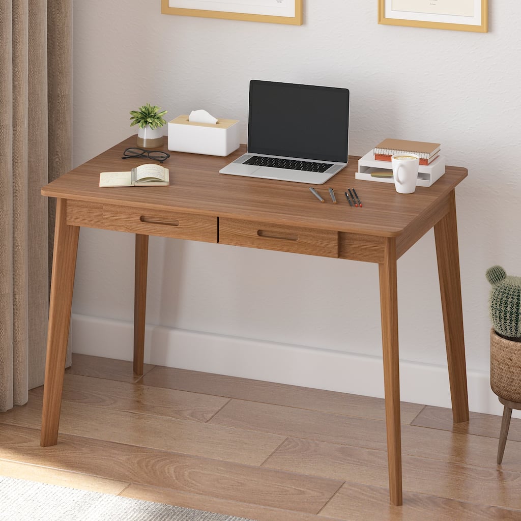 Timechee Brown Wooden Computer Desk, 39" Writing Desk with 2 Drawers