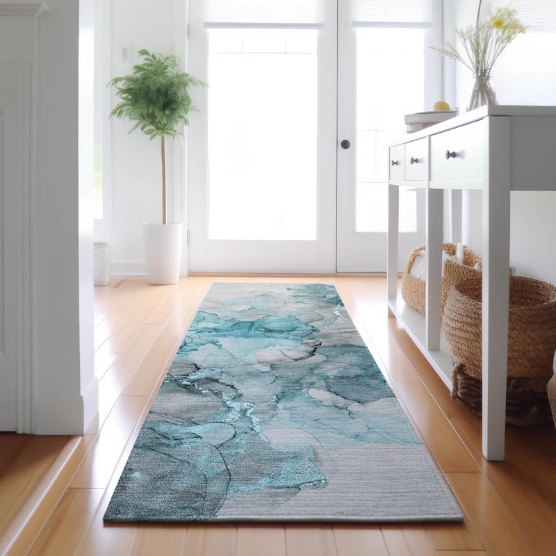 Premium Washable Super Soft Contemporary Watercolor Mayfield Rug - Teal - 2' 3" x 7' 6" - Runner