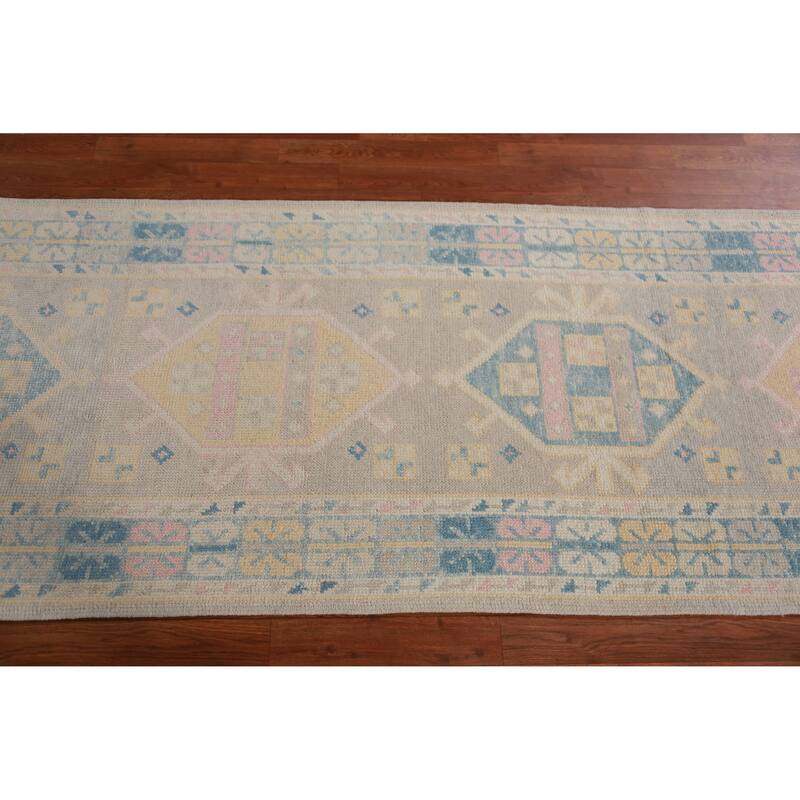 Hand Knotted Oriental 100% Wool Carpet Transitional Geometric Greys & Charcoal Oushak Runner Rug - 17' 6'' X 3' 1''