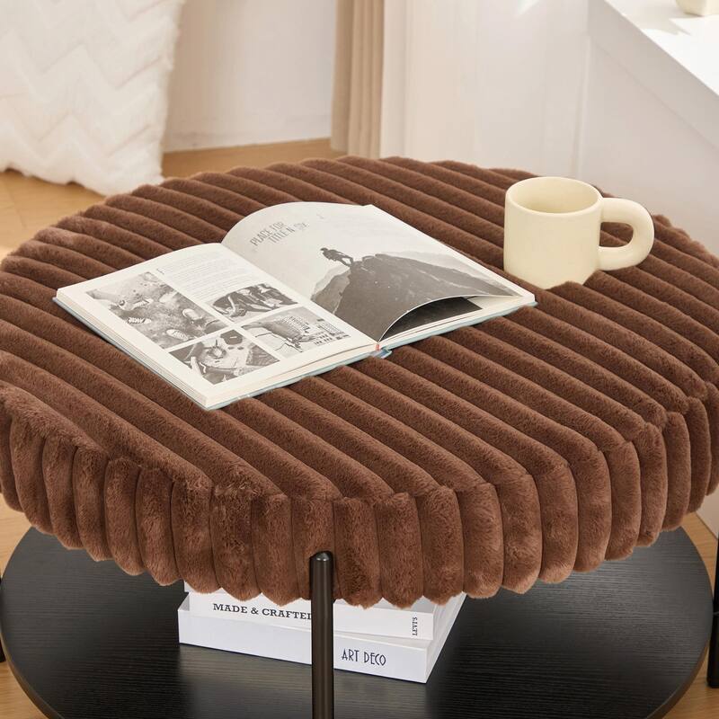 ​Upholstered Storage Ottoman - Open Shelf & Faux Fur Top