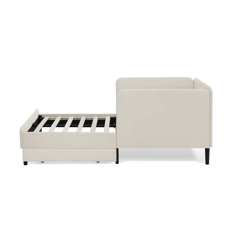 Roomfitters Twin/Full Upholstered Platform Bed with Side Backrest and Underbed Storage Trundle