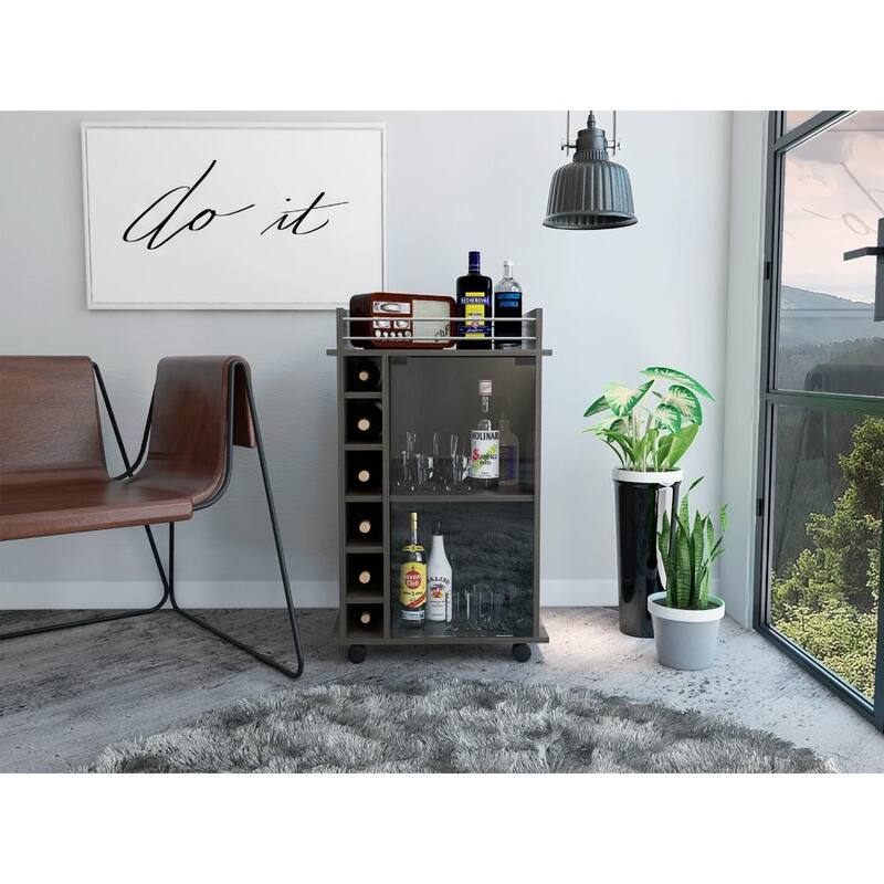 TUHOME Dukat Bar Cart,Two Shelves, Six Built-in Wine Rack and Four Casters - N/A