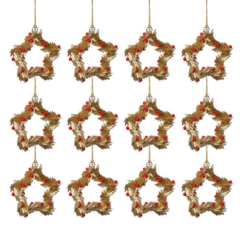 Festive Beaded Christmas Star Hanging Ornaments with Red Berries, Set of 12, 4"