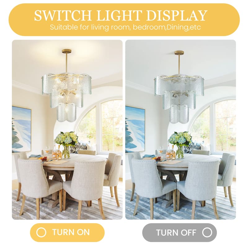 23-Inch Modern Glass Chandeliers, 3 Tiers 8-Light Farmhouse Hammered Stone Glass Chandelier Fixture for Living Room, Bedroom