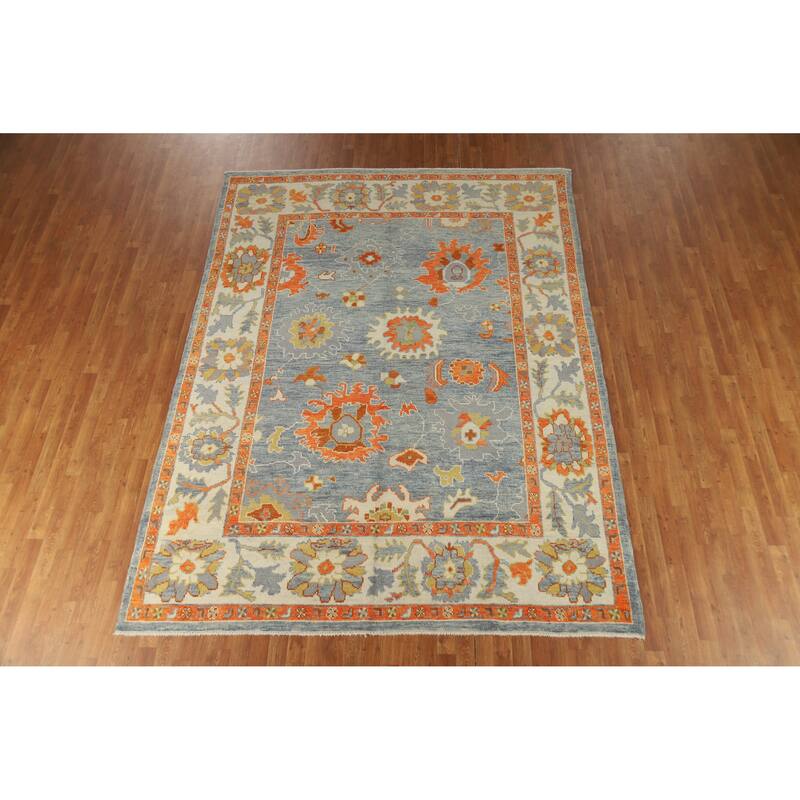 Hand Knotted Oriental 100% Wool Carpet Transitional All-Over Navy Blue & Blues Oushak Area Rug - 10' 6'' X 7' 11''