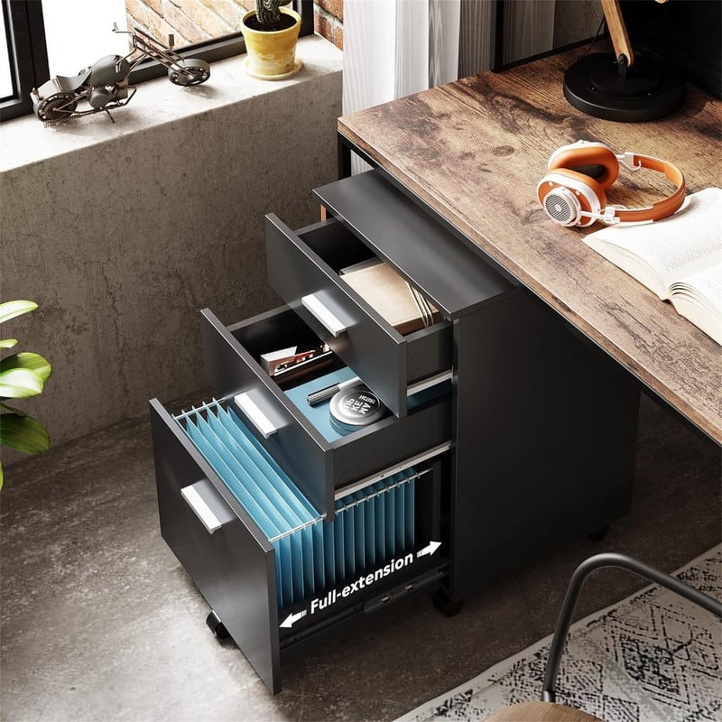 3 Drawer Wood Mobile File Cabinet - Black