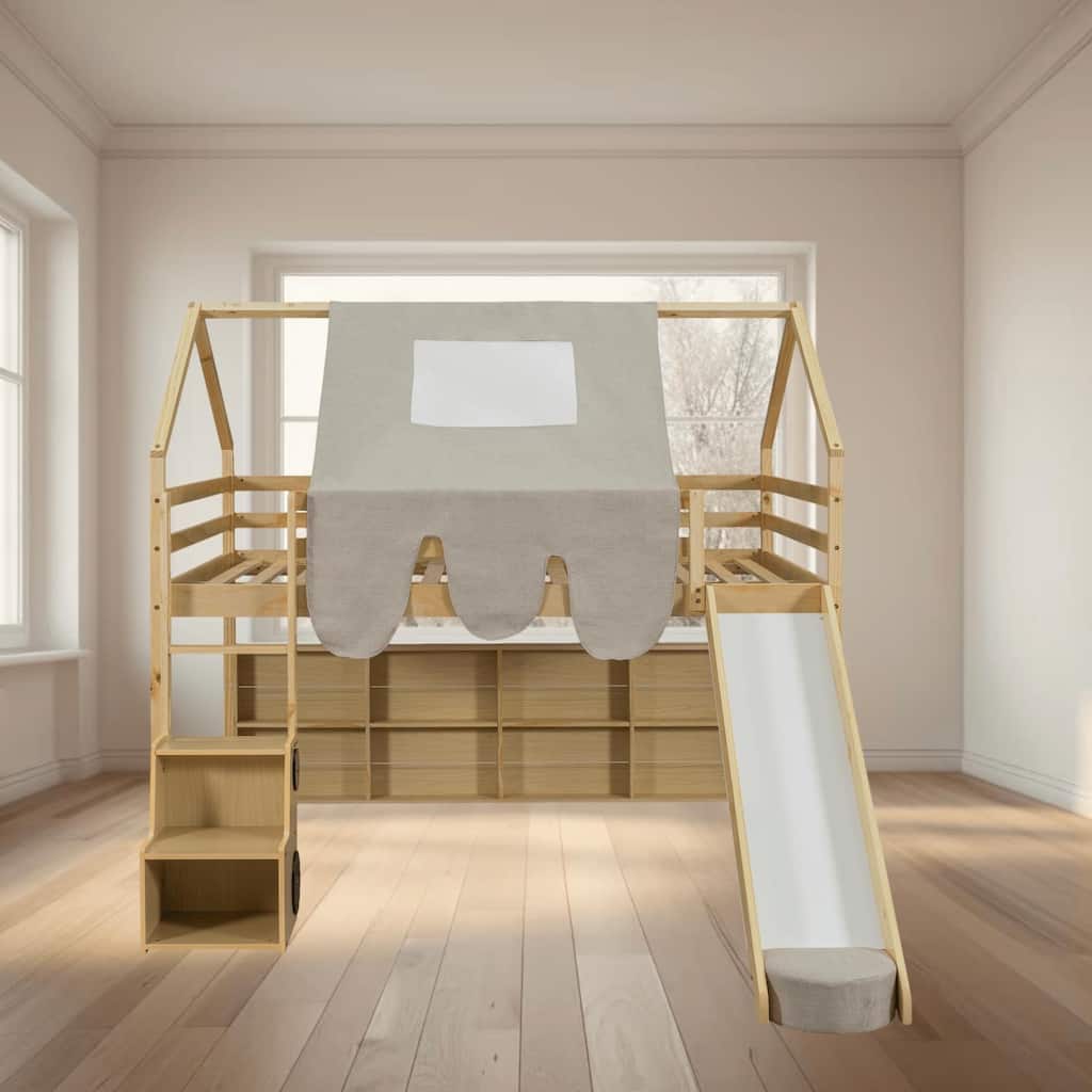 Full Size Wooden Loft House Shaped Platform Bed with House Frame, Tent, Slide and Storage Shelves for Kids, Bedroom Furniture