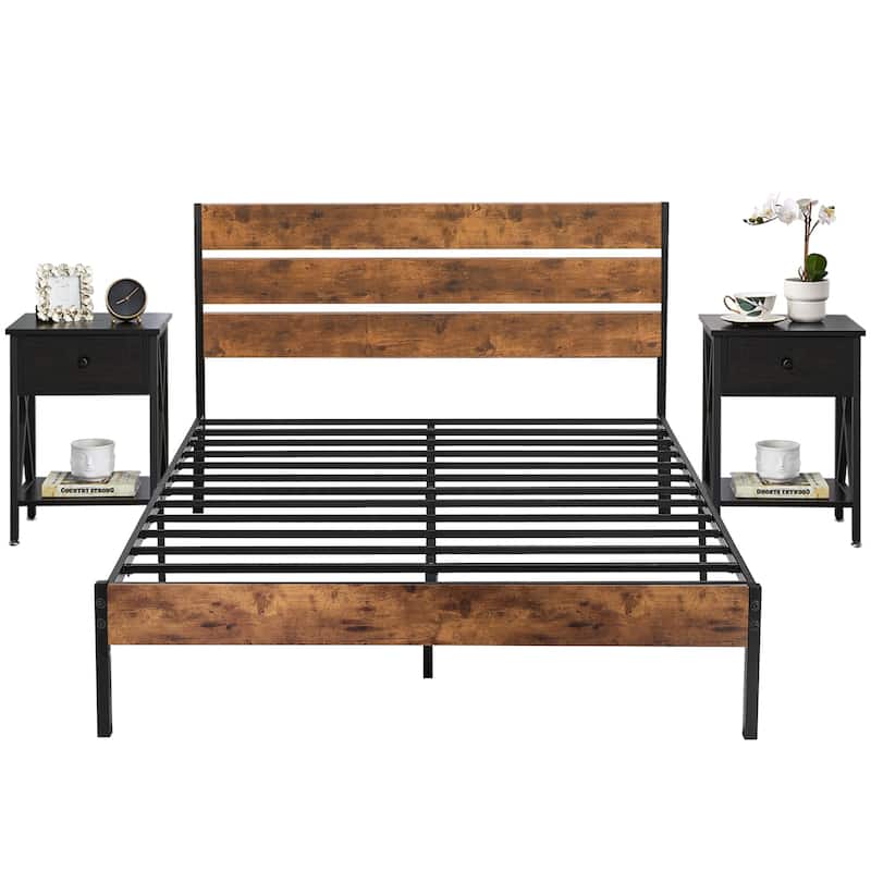 Javlergo Modern 3-Pieces Bedroom Set with Platform Bed Frame and Nightstands