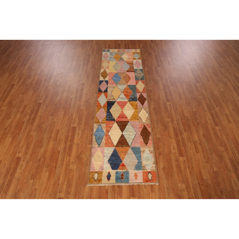 Geometric Moroccan Runner Rug Handmade Multi-Color Wool Carpet - 2'10" x 9'10"