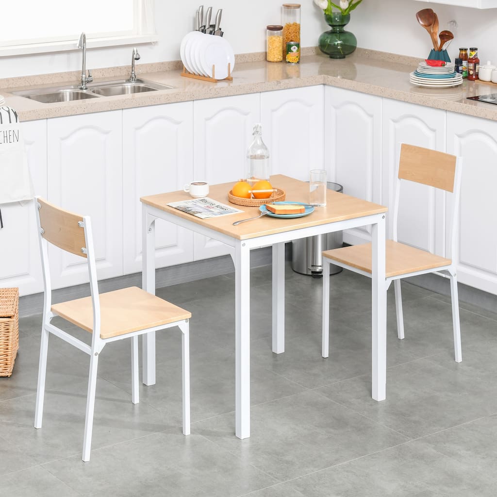 HOMCOM 3-Piece Wooden Square Dining Table Set with 1 Table and 2 Chairs and Sturdy Metal Frame, White
