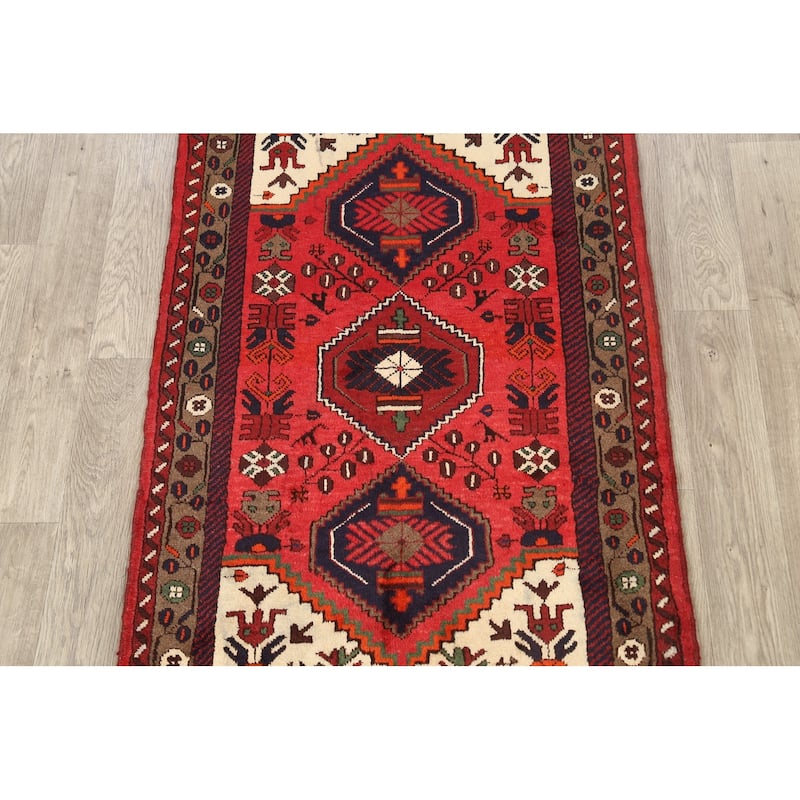 Geometric Persian Hamedan Area Rug Wool Hand-knotted Kitchen Carpet - 3'2" x 4'7"