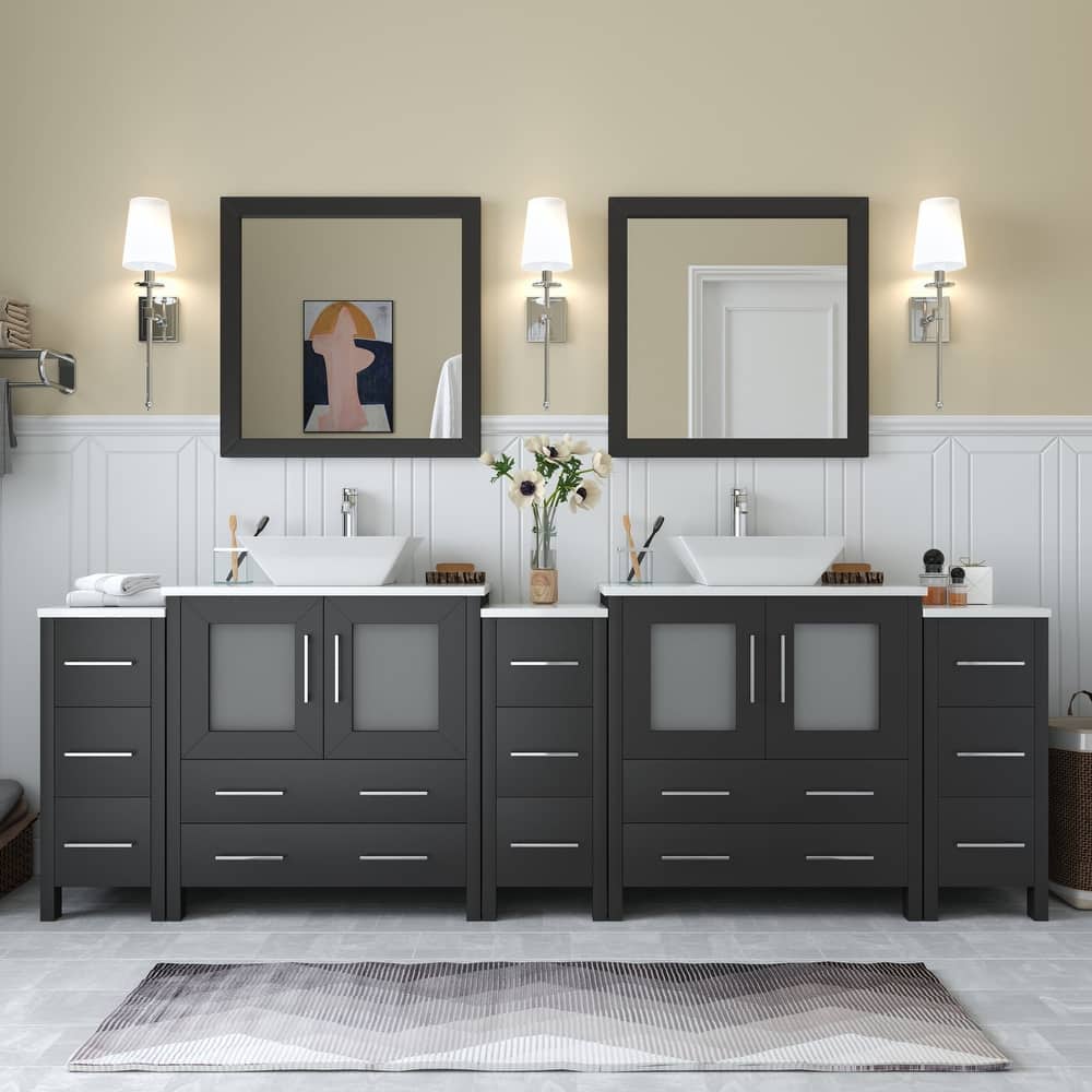 Vanity Art 96-inch Double Sink Bathroom Vanity Set with Engineered Marble Top and Free Mirror - 96 x 18.5 x 36 Inches
