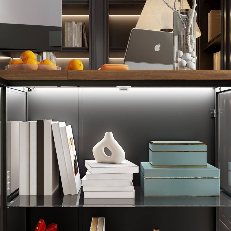 Kitchen Island and Office Desk, Ample Storage, Glass Cabinet & Drawers
