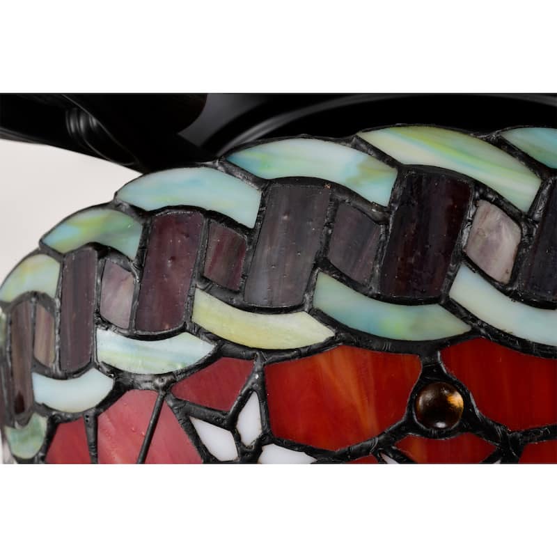 Chergo 52-Inch Flushmount Lighted Ceiling Fan Red Flower Tiffany Glass Lamp Black Finish