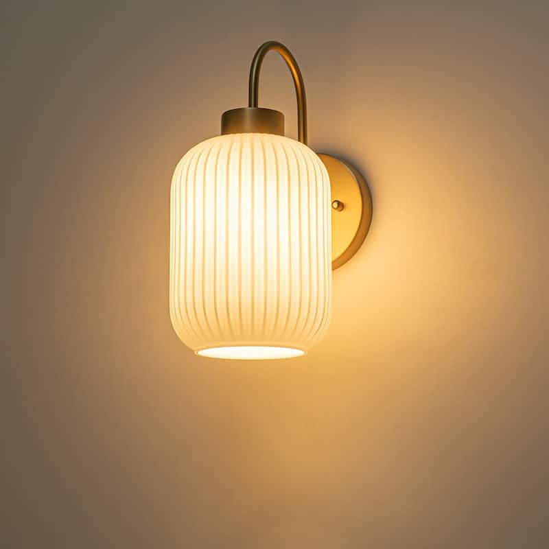 1-Light Mid-Century Modern Gold Wall Sconce with Opal Glass Shade