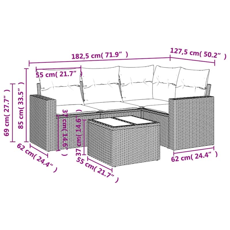 vidaXL Patio Sofa Set with Cushions Outdoor Conversation Furniture Poly Rattan - 25.8" x 24.4" x 27.2"