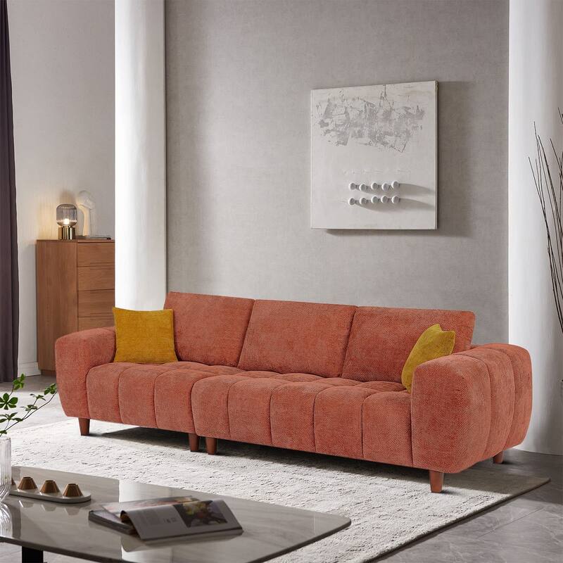 Modern Polyester Fabric Upholstered 3-Seater Sofa with Two Pillows
