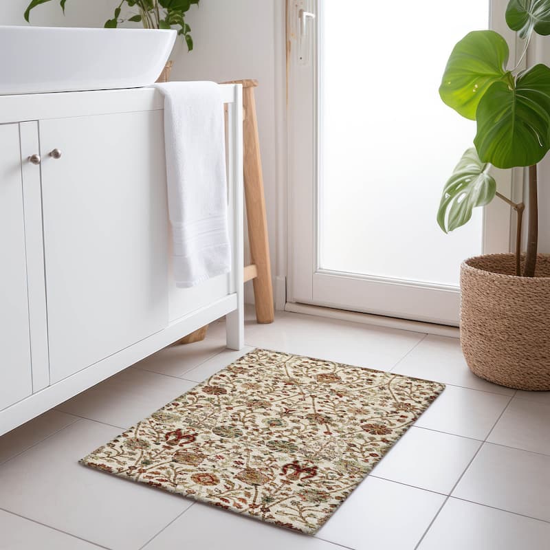 Machine Washable Indoor/ Outdoor Traditional Kashan Chantille Rug - Ivory - 1'8" x 2'6"
