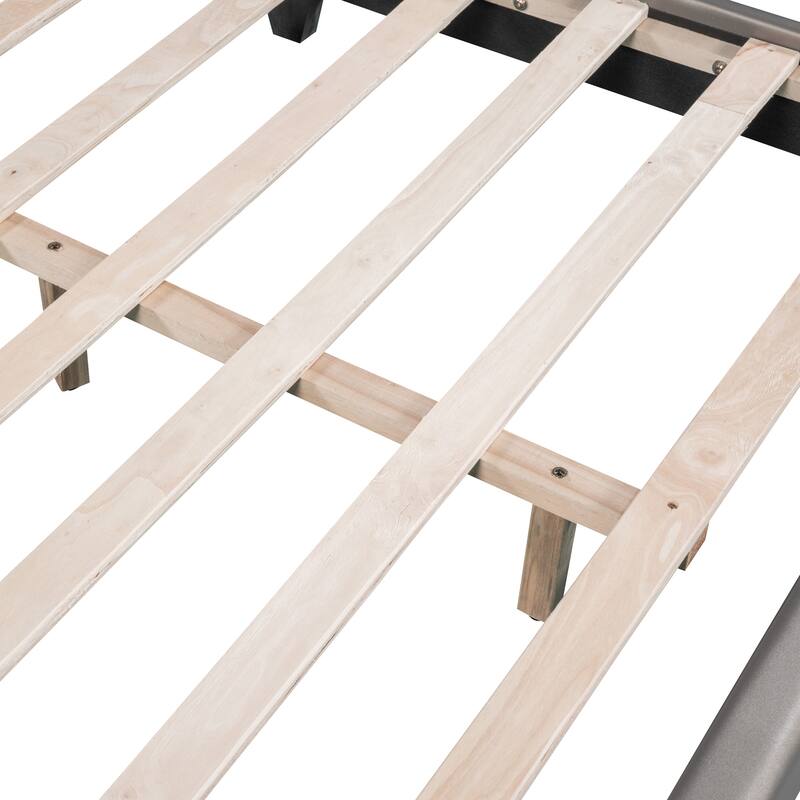 Upholstered Kids Bed with Rabbit Ears Headboard, PU Leather Platform Bed Frame with Wooden Slat Support